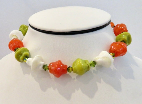 orange green and white necklace beautiful choker of beads adjustable