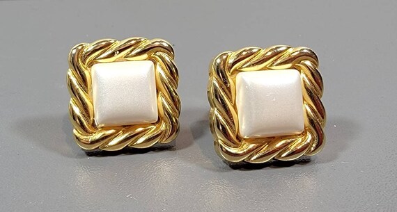 pearl earrings italian square gold tone style faux pearl square stone