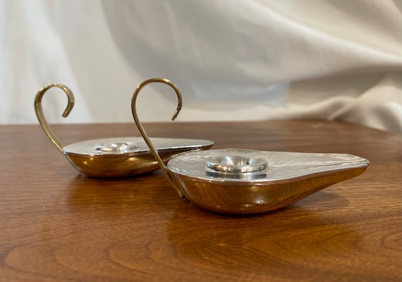 Genie candle holders Oil Lamp design circa 1950 sterling Silver brass