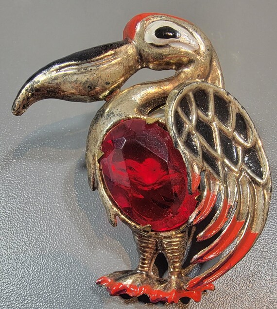 pelican brooch red rhinestone large cute bird pin
