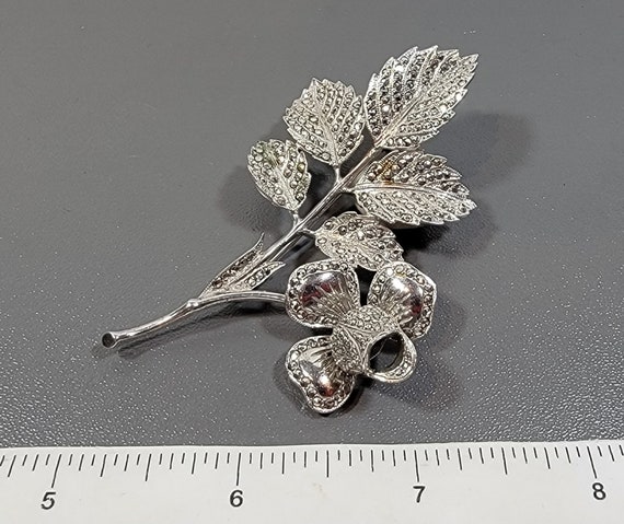 flower brooch sterling silver marcasite large bou… - image 2