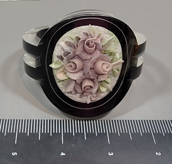 Jean Marie Poinot bracelet carved lucite Paris France costume jewelry bold purple flowers vintage bracelet bold big cuff
