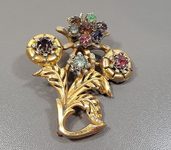 Floral bouquet brooch rhinestone fancy color stones