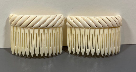 Vintage Lucite Hair Combs Pair Creamy White with Gold Accents