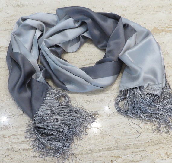 Large silk two color silver grey fringed scarf si… - image 4