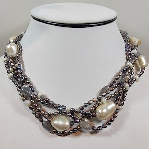 Pearl Torsade Necklace: Sterling Silver Clasp, Cultured Grey Pearls