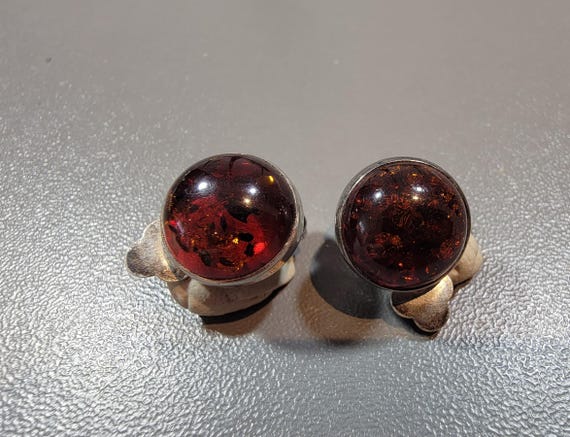 amber cabochon earrings sterling silver clip on style Polish marks