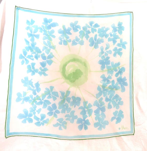 Vintage vera scarf blue and green Silk blend  cheerful flowers and sun design