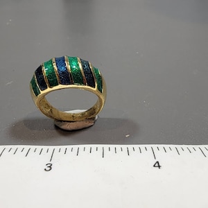 bombe ring yellow gold plated blue emerald green cold enamel