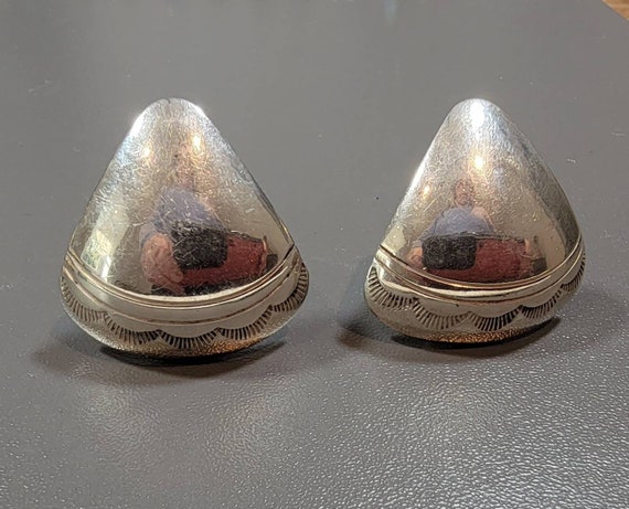 Sterling earrings Clip on Hand made Navajo herbert Cayatineto stampwork shell shape