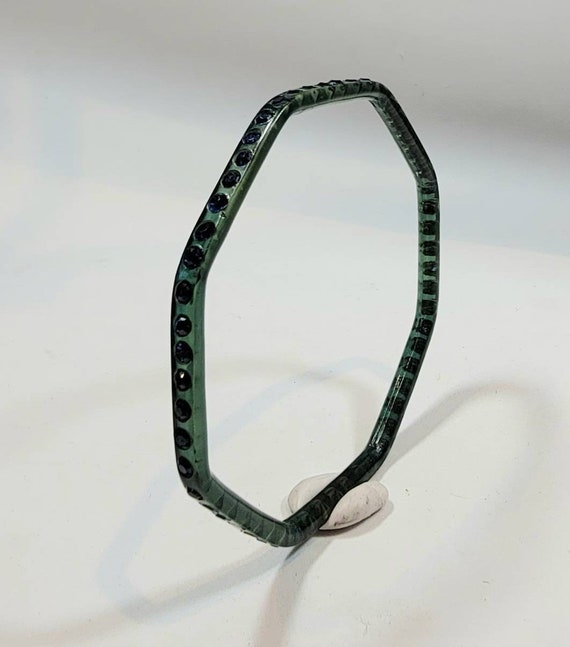 thermoset Bangle bracelet transparent green plastic blue rhinestone accents