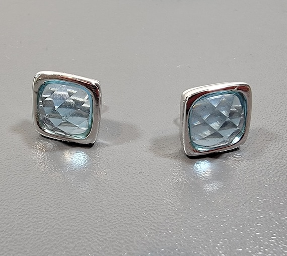 sterling silver stud earrings faceted blue glass stones