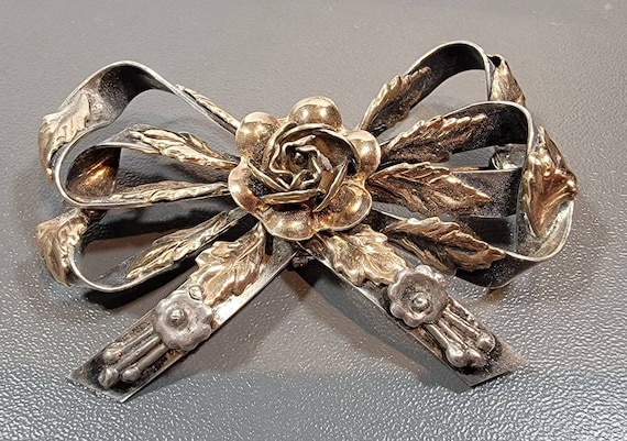 bow brooch sterling silver large vintage Romantic Hobe
