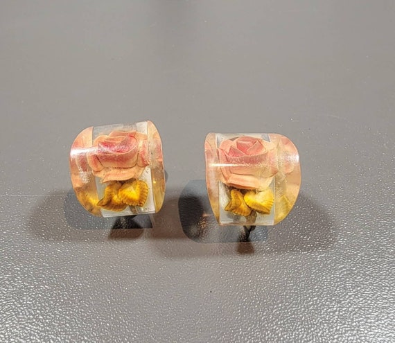 rose earrings Lucite Reverse Carved Flowers pink and yellow