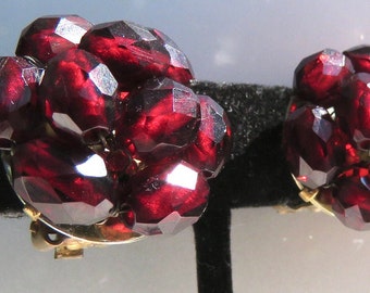 Red faceted bead earrings clip on style