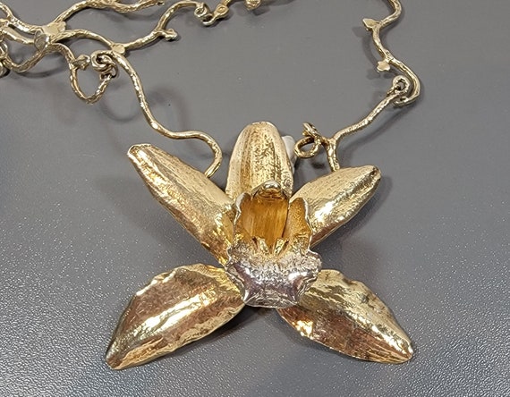 barry brinker jewelry Orchid flower necklace large blossom sterling silver gold wash