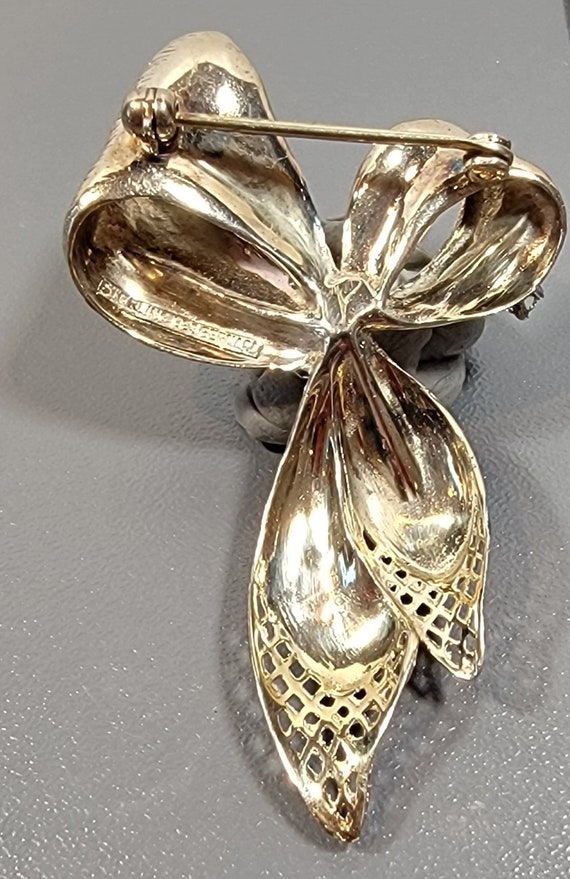 BOW brooch sterling silver plated gold crystals l… - image 4