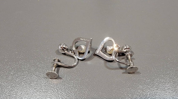 Heart earrings Pearls sterling silver screw on rh… - image 2