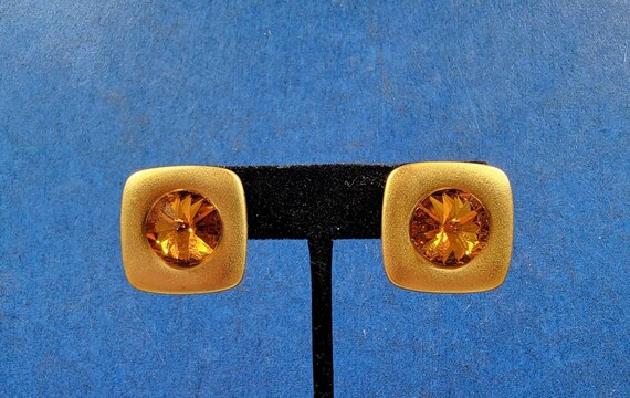 rhinestone earrings gold tone topaz Rivoli stones pierced
