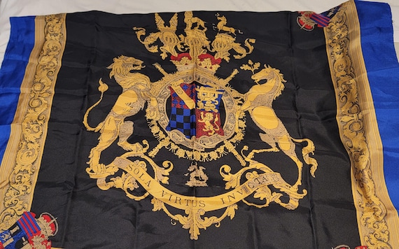 silk scarf royal style heraldic unicorn lion cobalt blue square