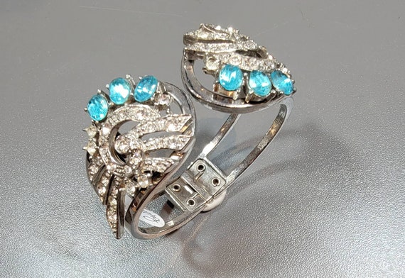 Retro Rhinestone Clamper Cuff Bangle: Aqua Blue Statement Bracelet