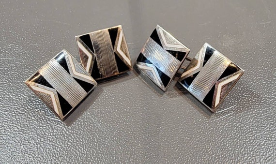 Sterling silver cufflinks black and white enamel stripes