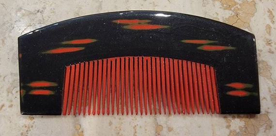 Japanese hair comb modern black red green lacquer… - image 3