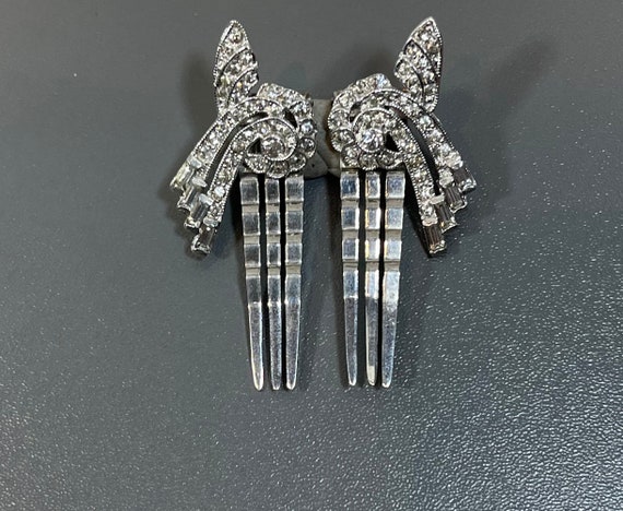 vintage white rhinestone hair barrettes pair of hair slides prong set rhinestones hair clips Deco finest quality