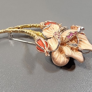 Rose brooch sterling enamel crystals coral glass big june birthday flower