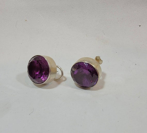 purple stone earrings sterling silver bezels pierced gold gilt