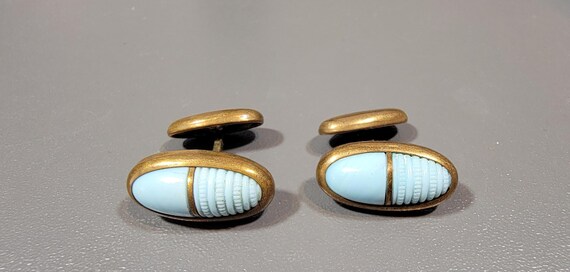 antique cufflinks blue glass accent stones oval textured glass