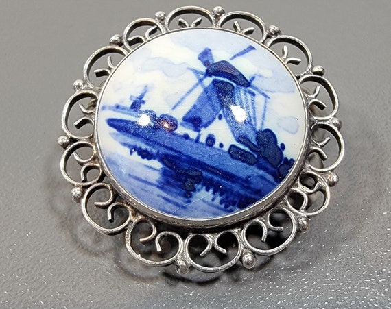 Windmill brooch Porcelain cabochon handpainted de… - image 9