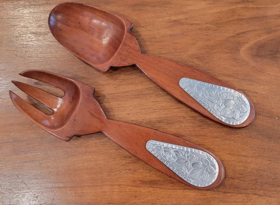 wood serving set salad serving spoon and fork handmade aluminum accents mcm tableware