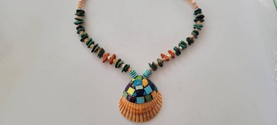 boho necklace shell pendant colorful inlay hemati… - image 5