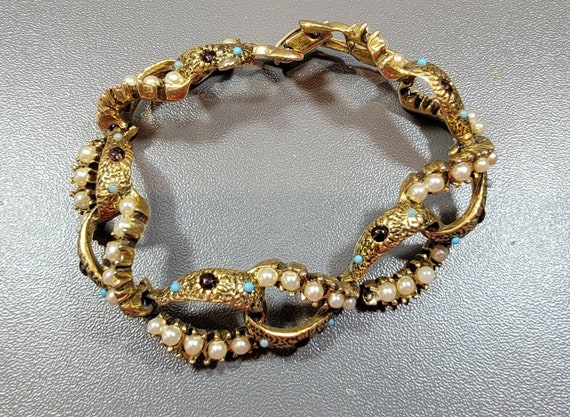 pearl link bracelet antique style rhinestone pearls blue glass