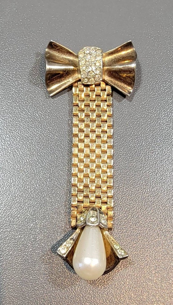 bow brooch sterling silver gold gilt rhinestone and faux pearl