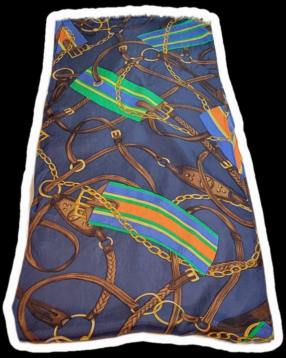 equestrian silk scarf oblong shaped bits bridles blue and green colors fringed