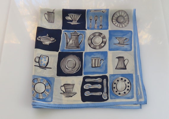 Coffee scarf silk scarf Charming coffee cup blue silk neck scarf