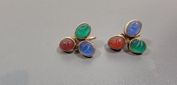 scarab earrings gold filled clip on semi precious stones red blue green