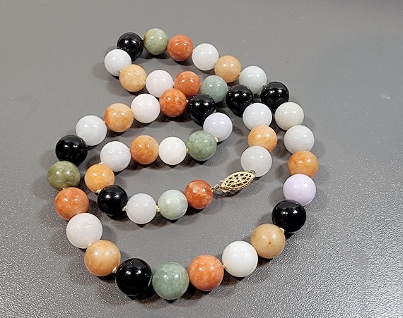 multi color bead necklace quartz agate jade gold filled clasp