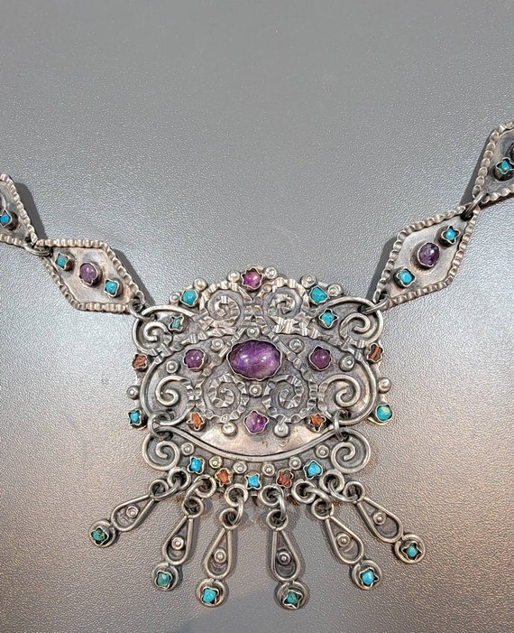 sterling silver necklace mexico amethyst turquoise coral matl style