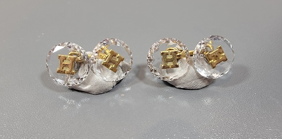 Glass cufflinks faceted clear glass with initial H vintage accessory