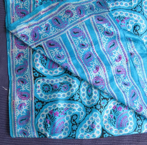 Aqua and Pink Silk Paisley scarf Hand printed OBL… - image 2