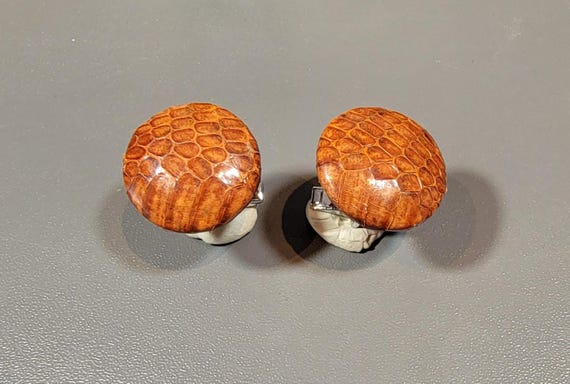 leather cufflinks round reptile printed leather Carmel brown 3rd anniversary