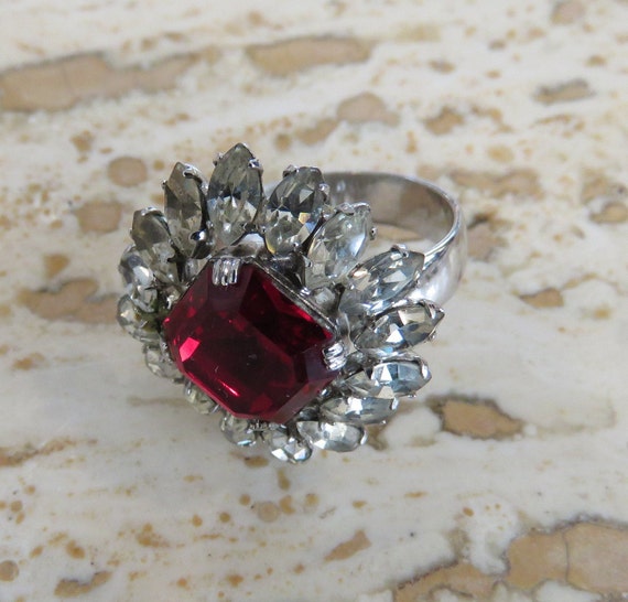 ruby red glass fashion ring rhinestone halo cockt… - image 4