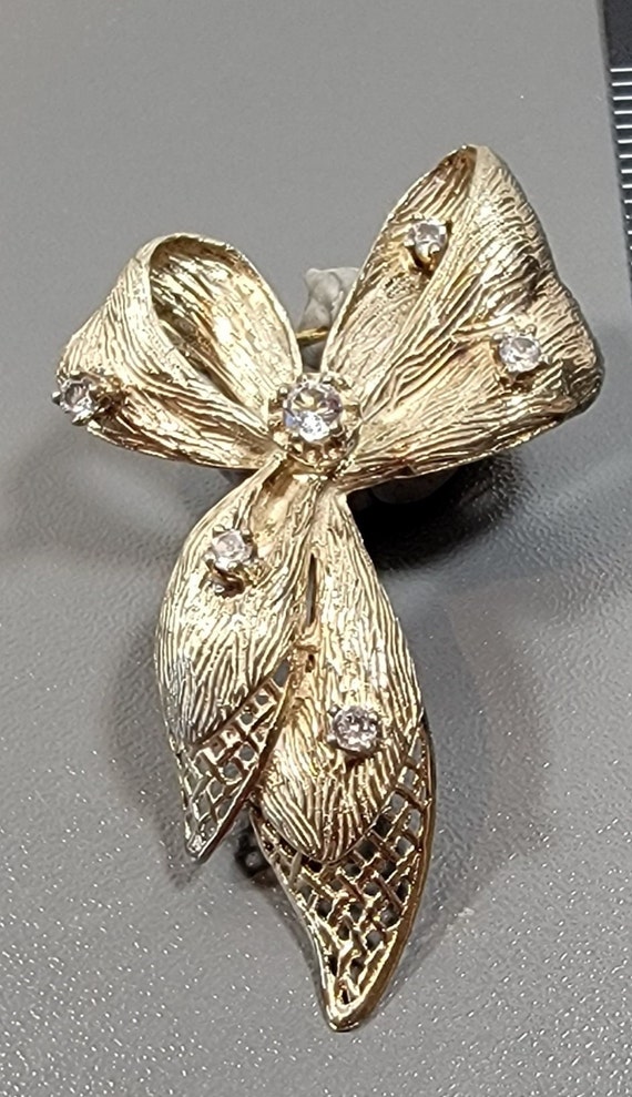 BOW brooch sterling silver plated gold crystals l… - image 6
