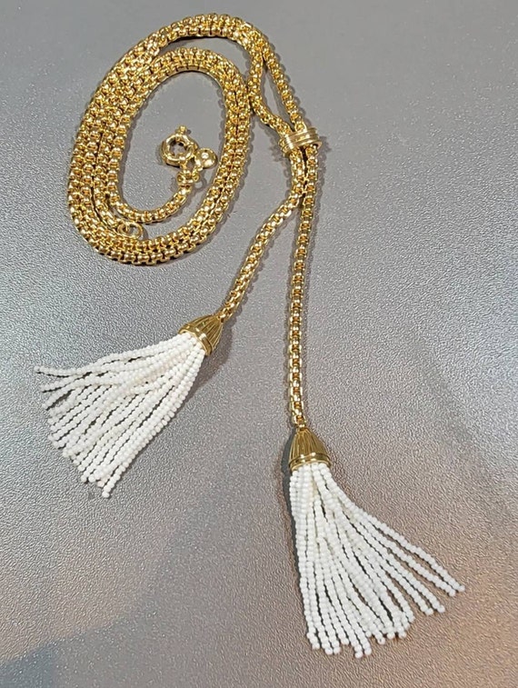 Lariat necklace white bead tassel box chain j. cre