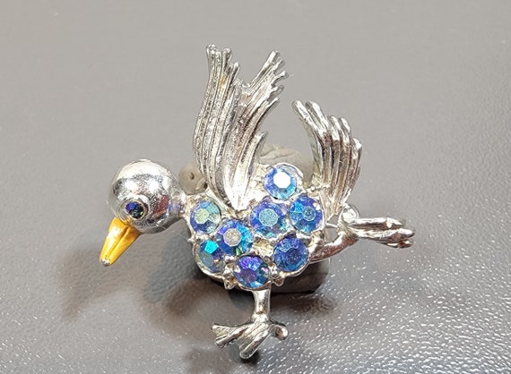bird brooch cute rhinestone silver tone blue rhinestone