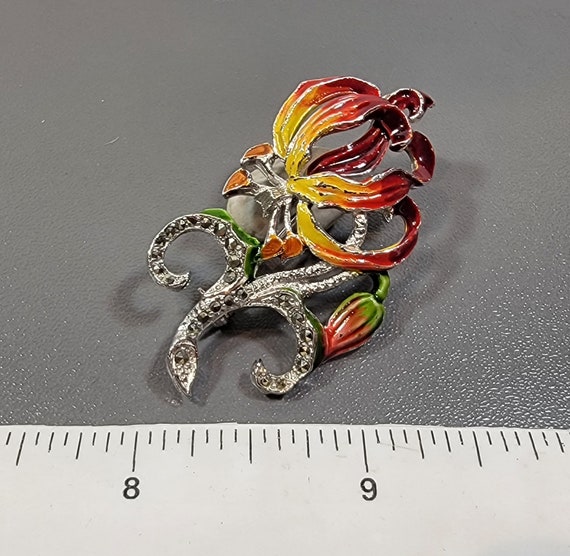 Flower brooch enamel orchid orange red yellow mar… - image 3