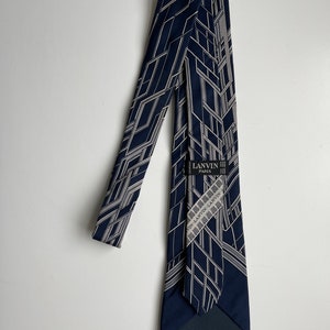 Vintage Lanvin Silk Tie Blue, White, Grey Geometric Design Made in France Bild 3